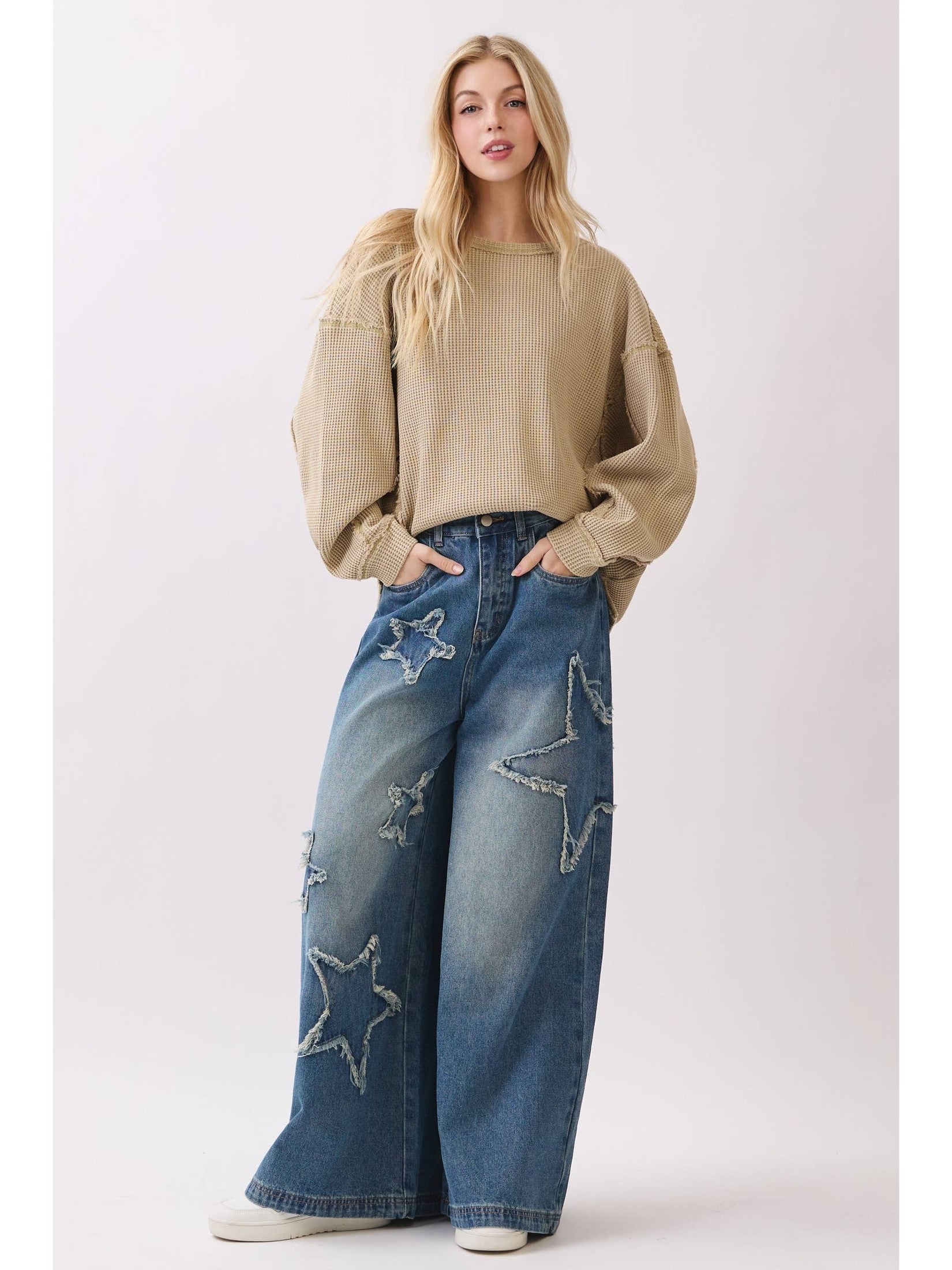 Star Patch Wide Leg Denim Jeans