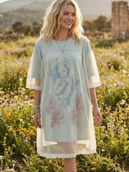 ANGEL PRINTED TERRY DOTTED MESH LAYERED DRESS