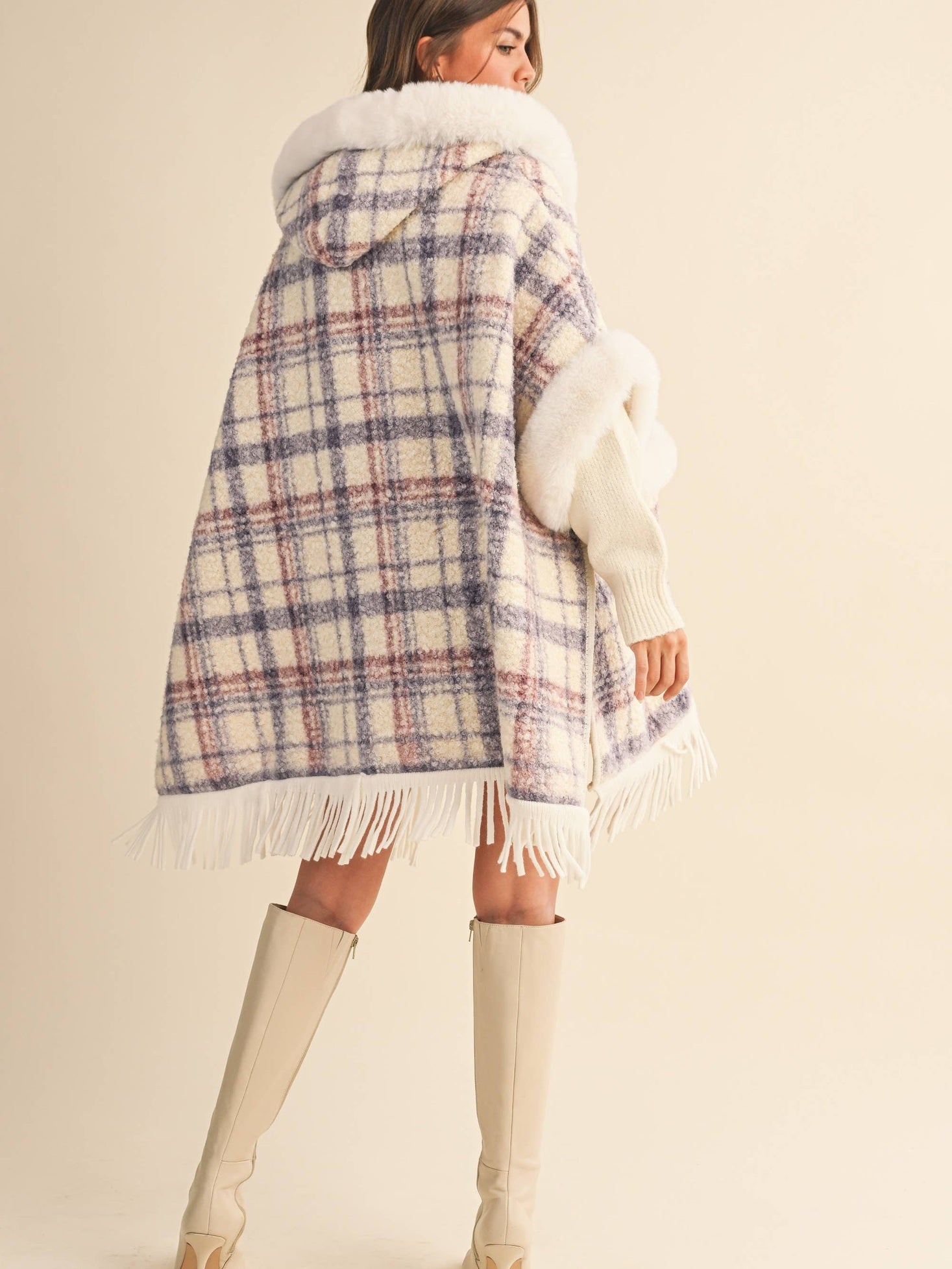 PLAID PRINTED FAUX FUR TRIM OVERSIZED CAPE COAT