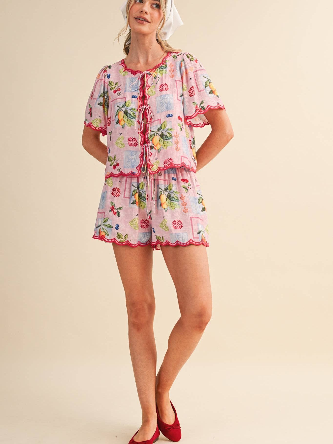 FRUIT PRINT EMBROIDERED SCALLOP TOP AND SHORTS SET