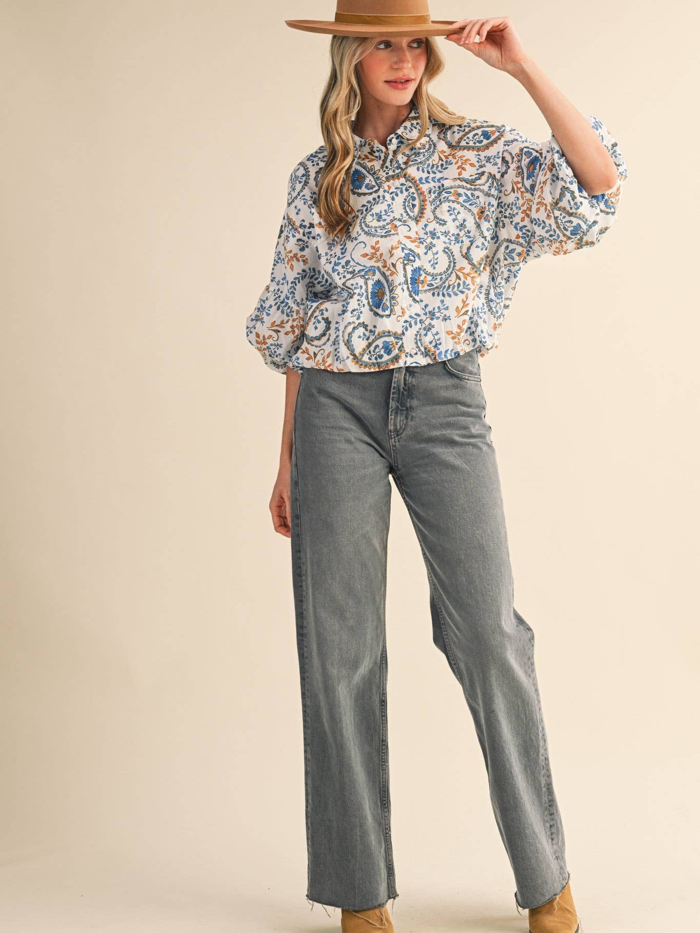 EXCLUSIVE PAISLEY PRINT BUTTON DOWN BUBBLE TOP