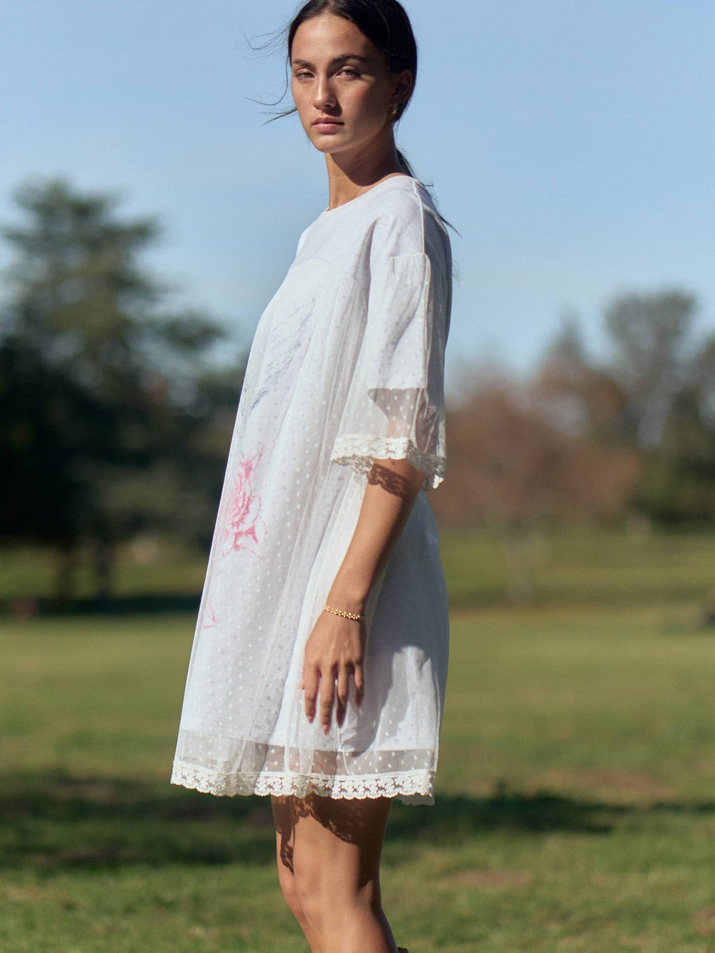 ANGEL PRINTED TERRY DOTTED MESH LAYERED DRESS