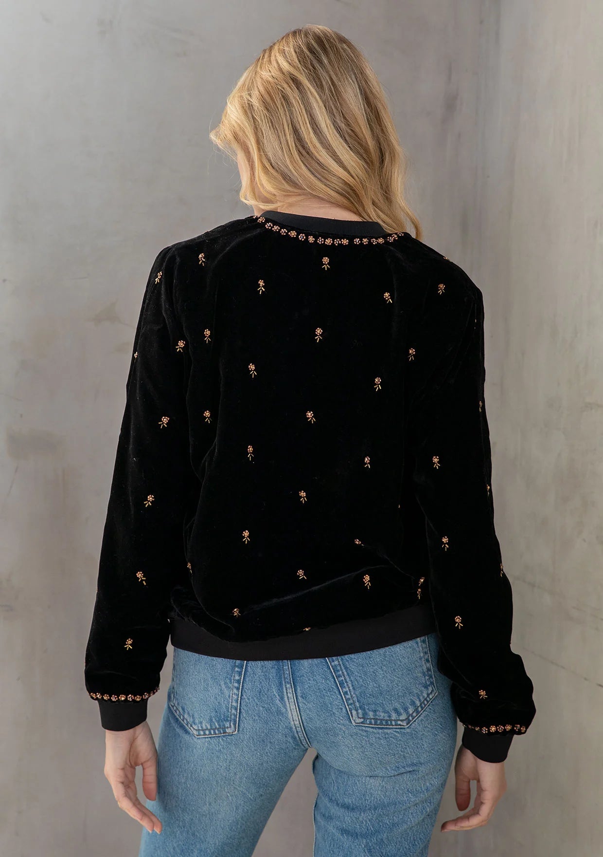 Obsidiana Black Velvet Embroidered Bomber Jacket