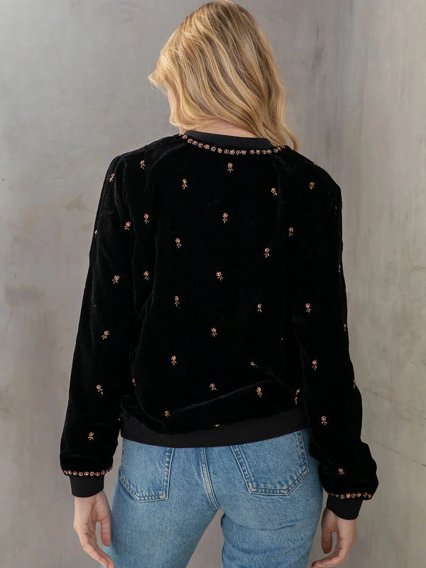 Obsidiana Black Velvet Embroidered Bomber Jacket
