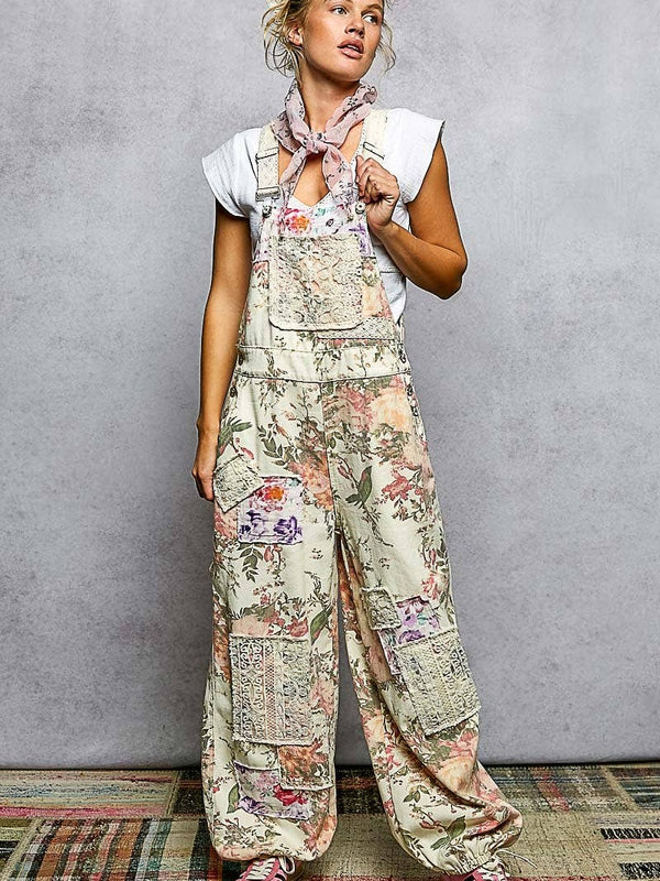 Printed Lace Patch Trim Strap Relaxed Fit Jogger Overall