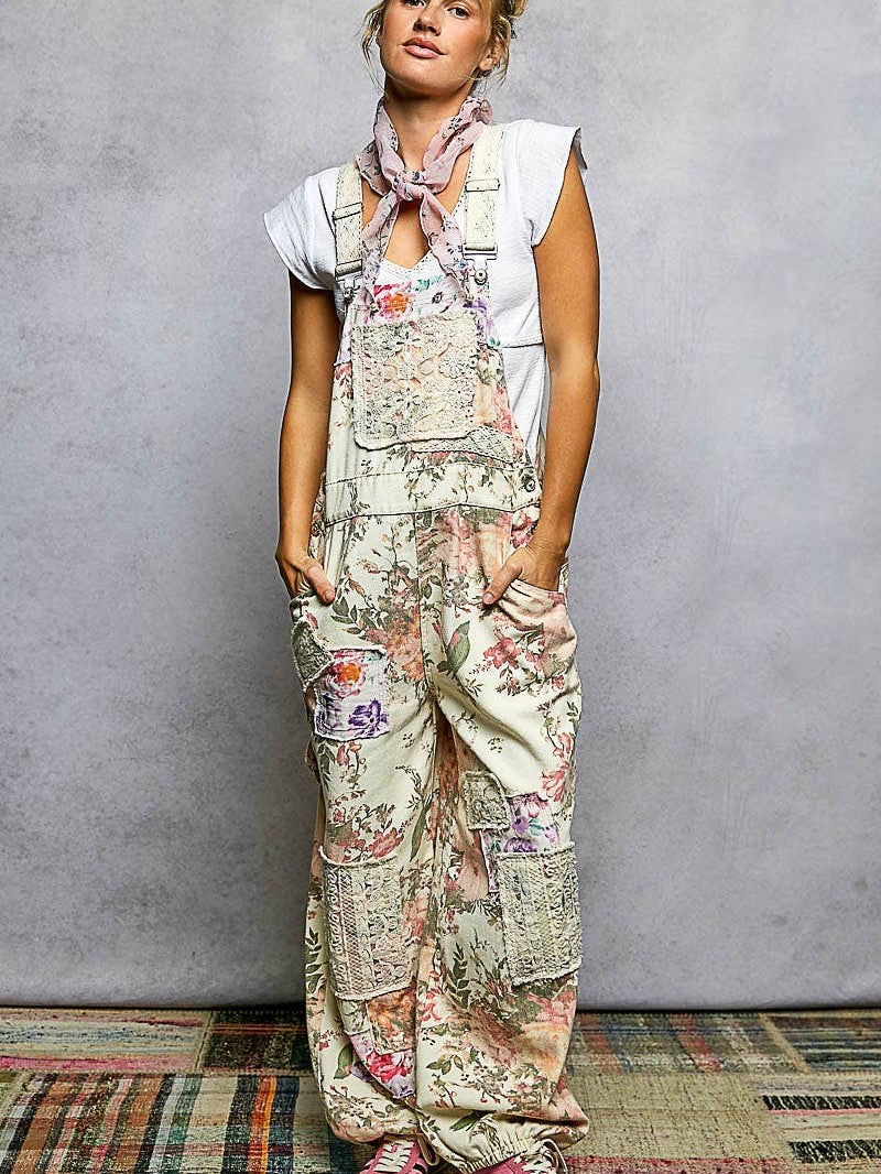 Printed Lace Patch Trim Strap Relaxed Fit Jogger Overall