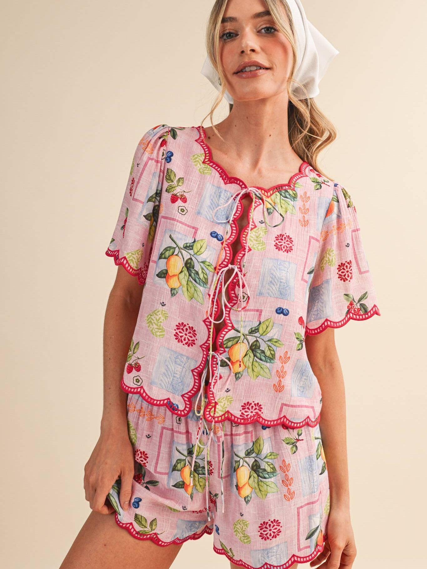 FRUIT PRINT EMBROIDERED SCALLOP TOP AND SHORTS SET