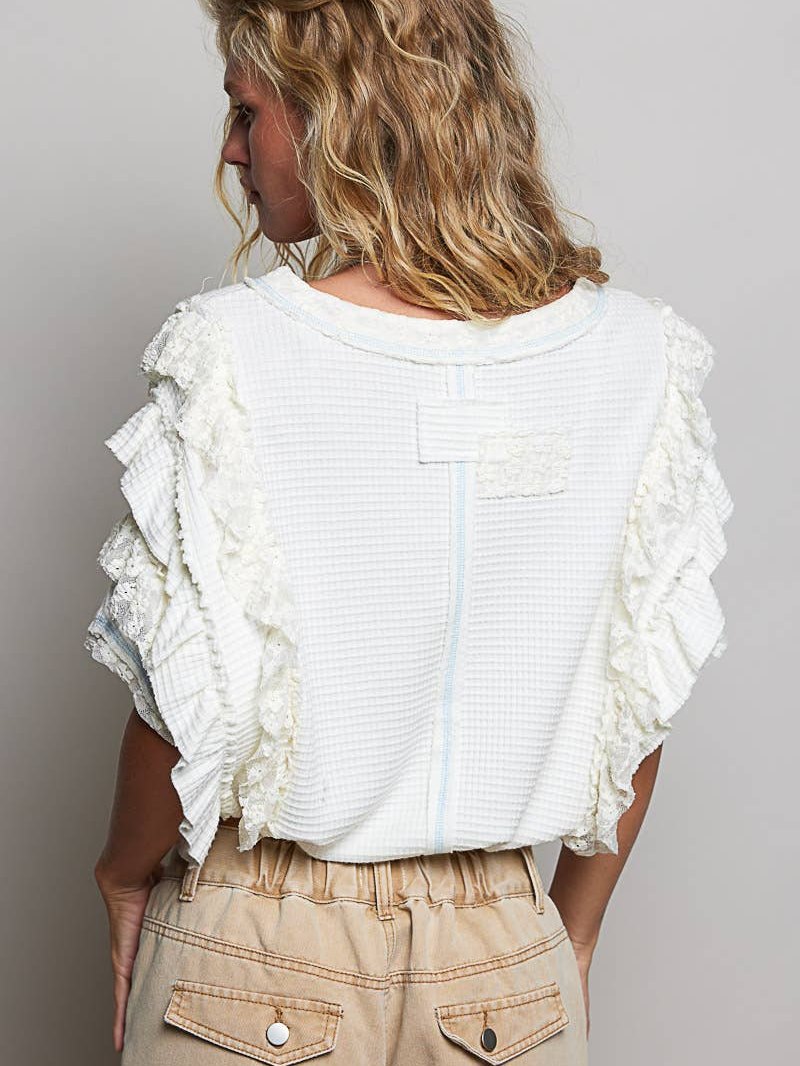 PRE ORDER SHIPS 05.03.26 Textured Knit Ruffle Sleeve Lace Stud Cropped Short Top