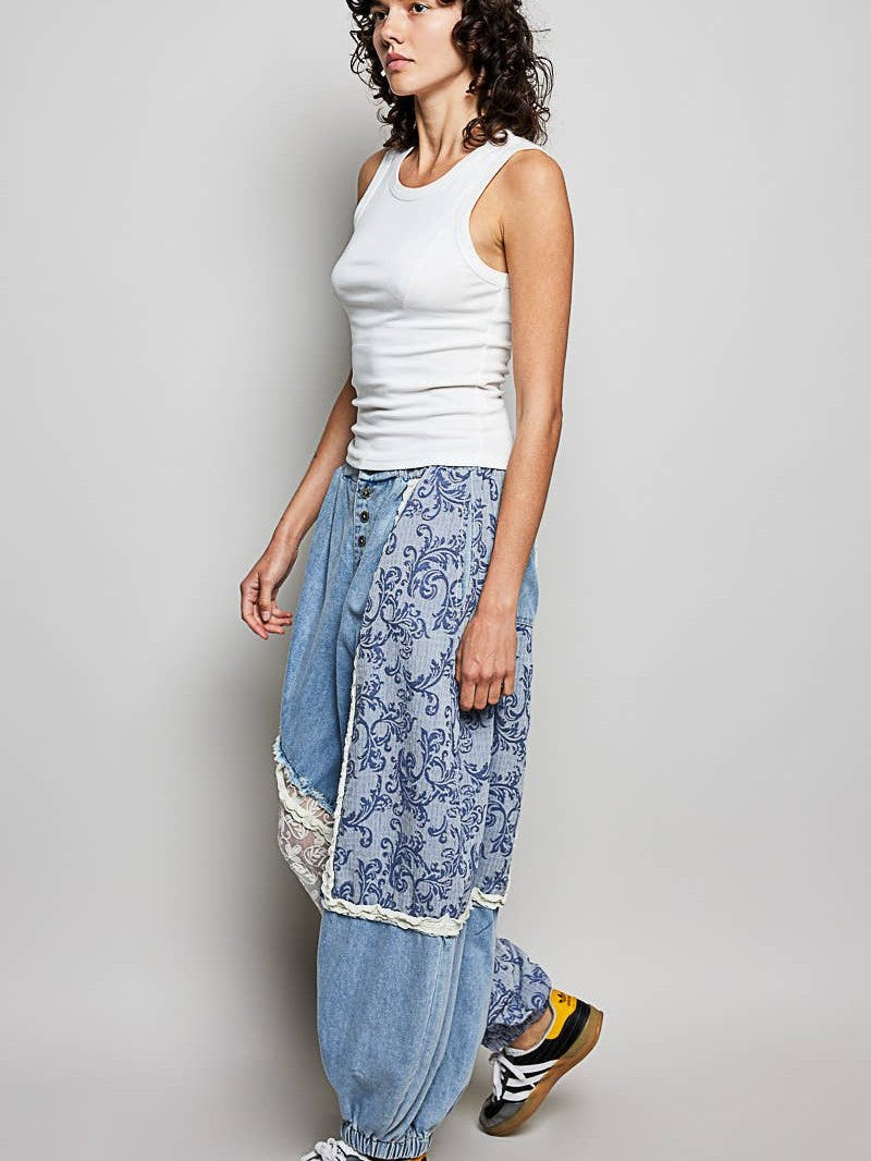 Button-Front Crochet Accent Ruffle Trim Jogger Pants