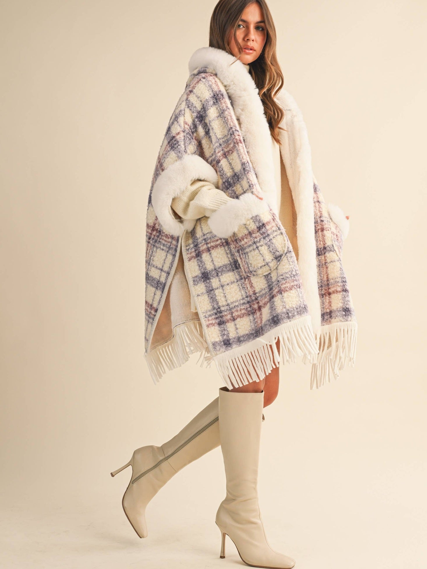 PLAID PRINTED FAUX FUR TRIM OVERSIZED CAPE COAT