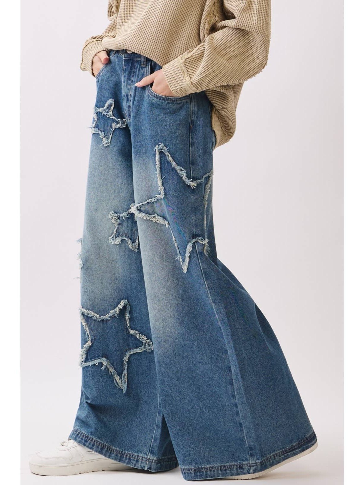 Star Patch Wide Leg Denim Jeans
