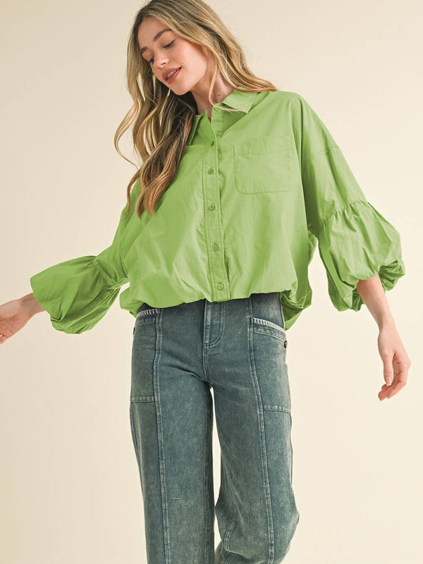 BUTTON DOWN BUBBLE SLEEVE GREEN TOP