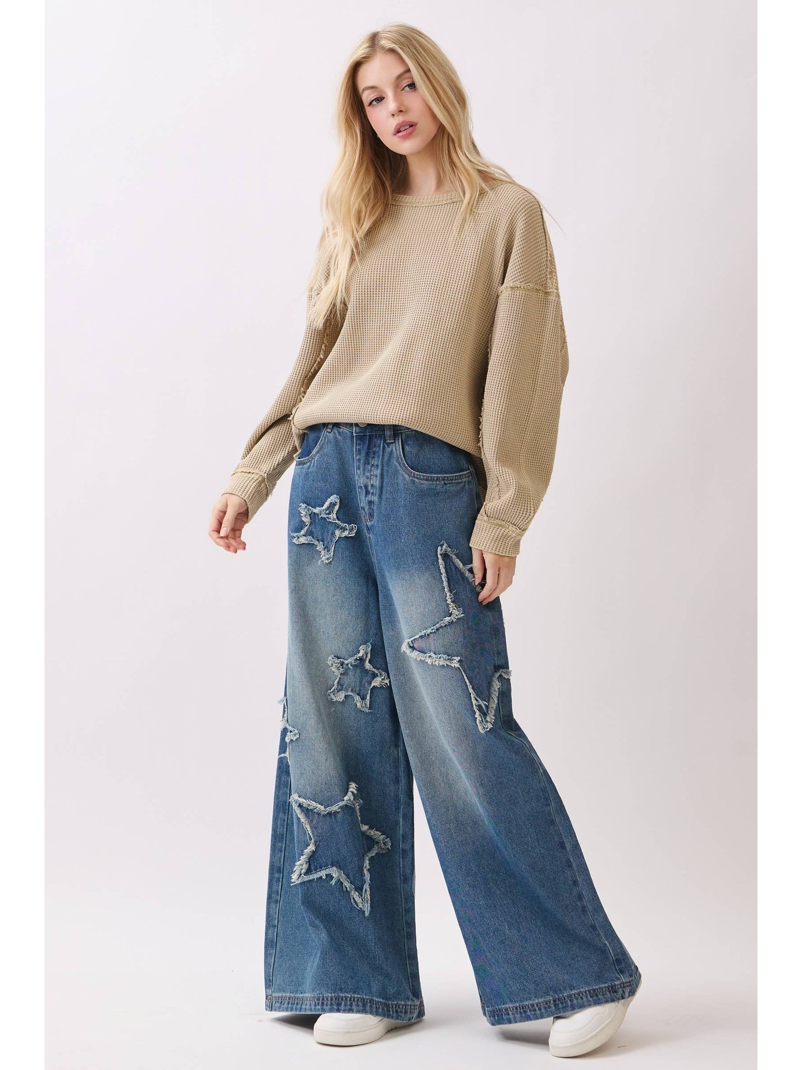 Star Patch Wide Leg Denim Jeans