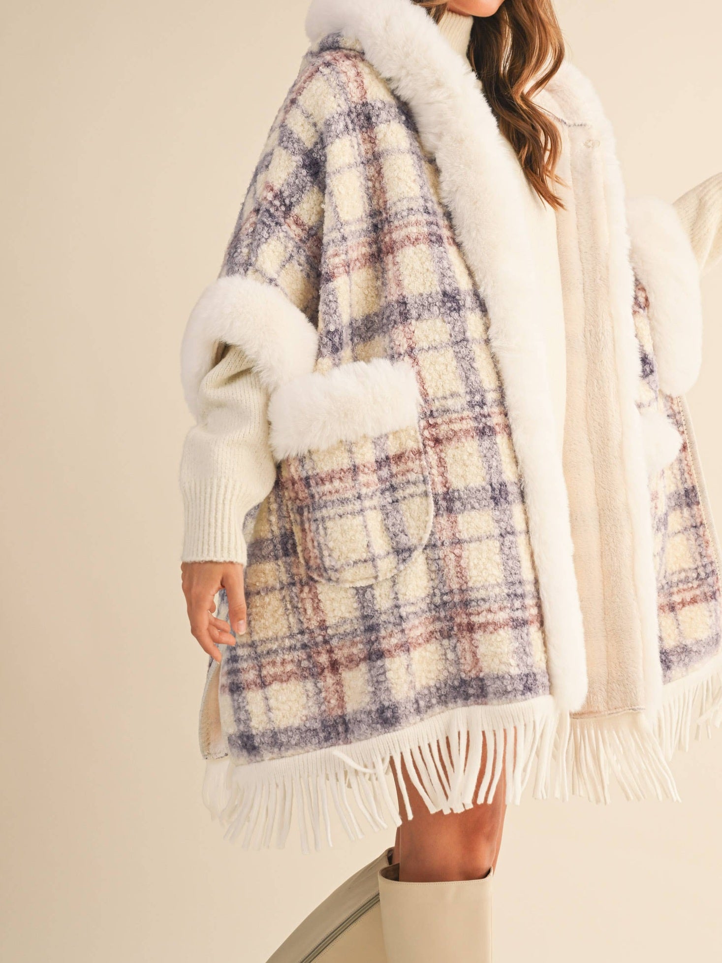 PLAID PRINTED FAUX FUR TRIM OVERSIZED CAPE COAT