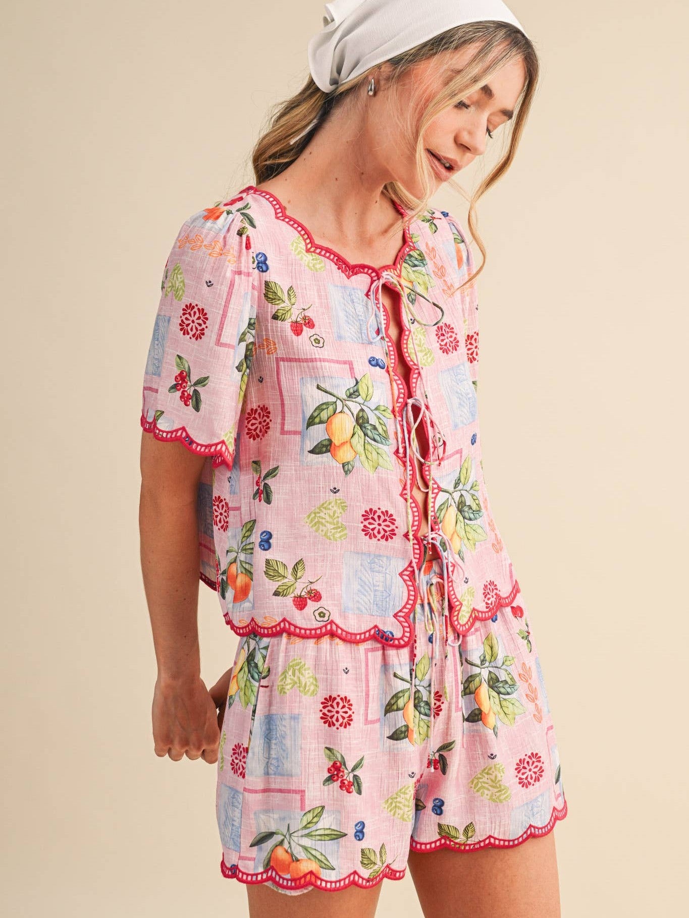 FRUIT PRINT EMBROIDERED SCALLOP TOP AND SHORTS SET