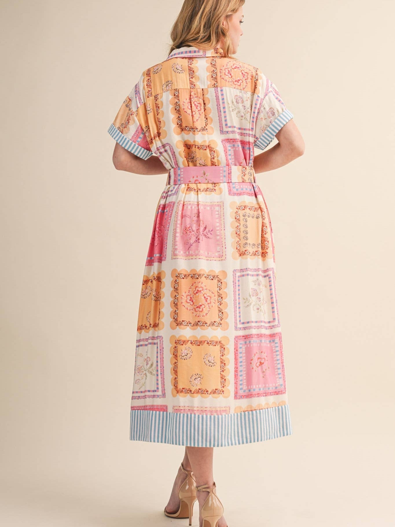 FLORAL PATCH PRINT BUTTON DOWN MIDI DRESS