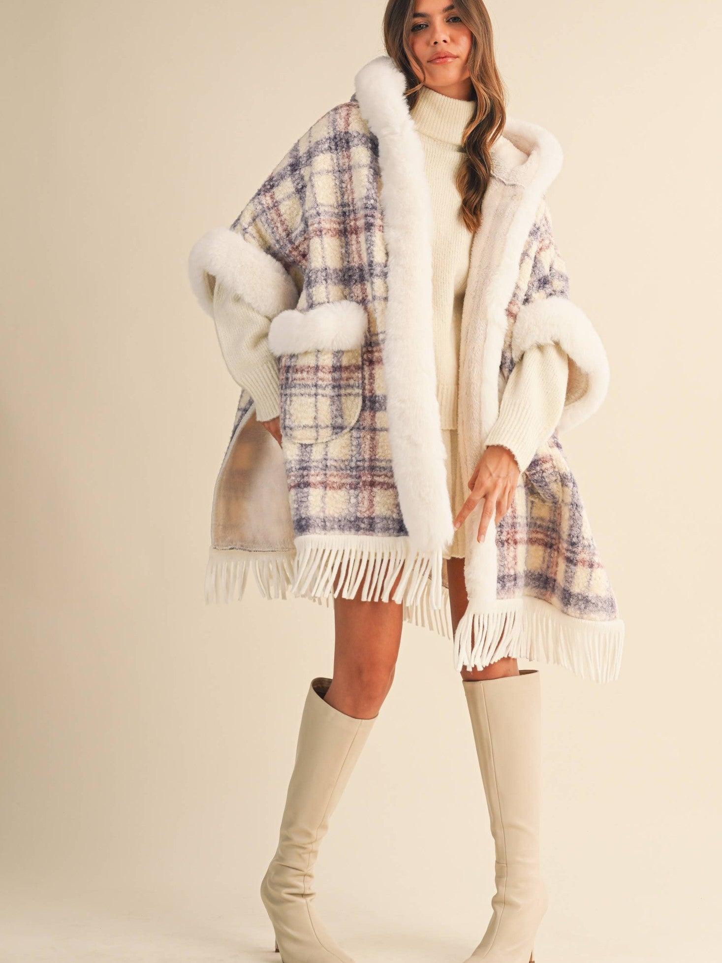 PLAID PRINTED FAUX FUR TRIM OVERSIZED CAPE COAT