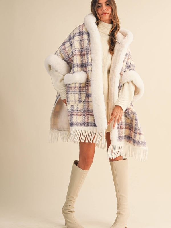 PLAID PRINTED FAUX FUR TRIM OVERSIZED CAPE COAT