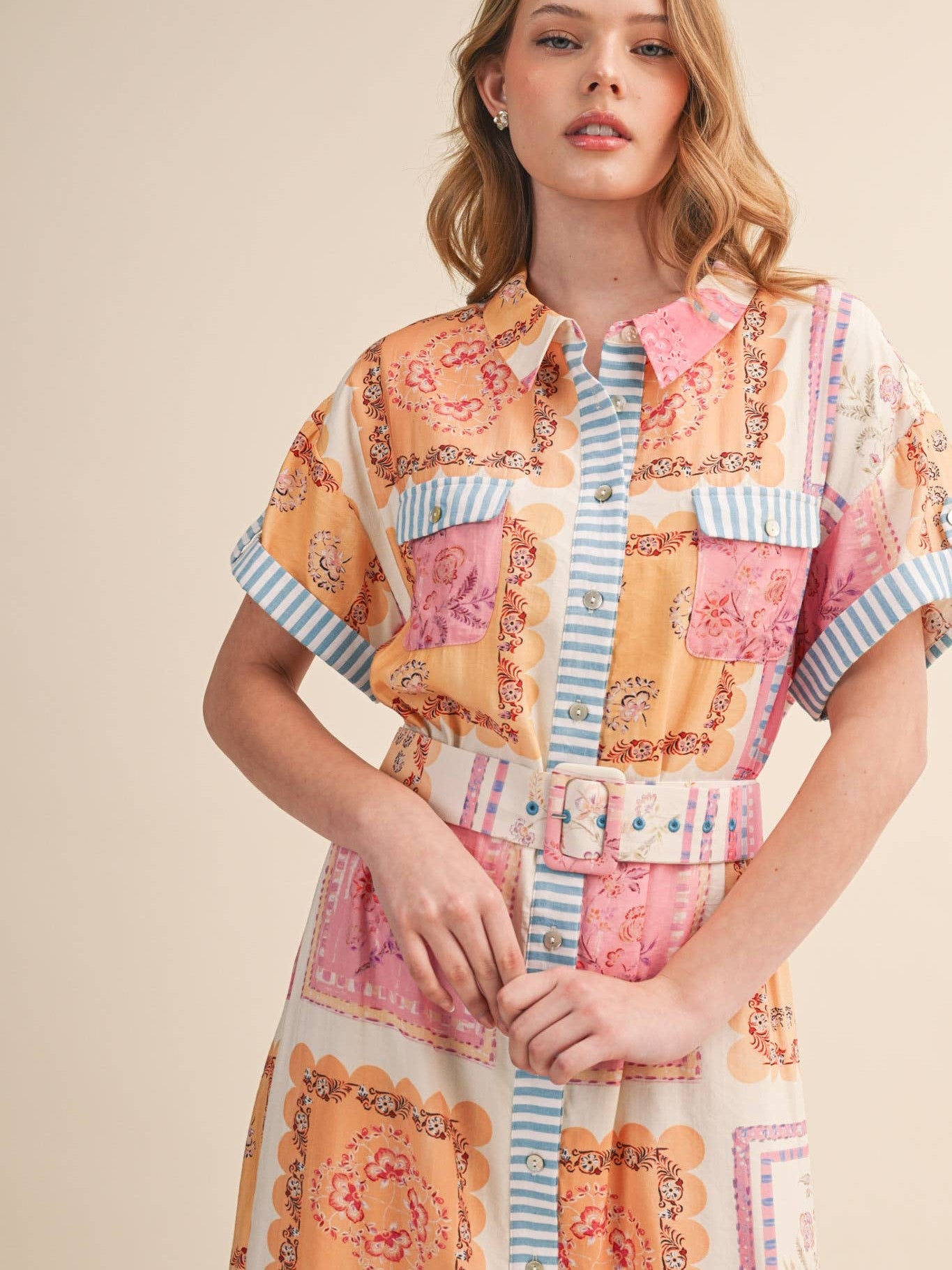 FLORAL PATCH PRINT BUTTON DOWN MIDI DRESS