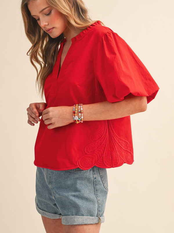 BUBBLE SLEEVE TOP WITH SIDE EMBROIDERY