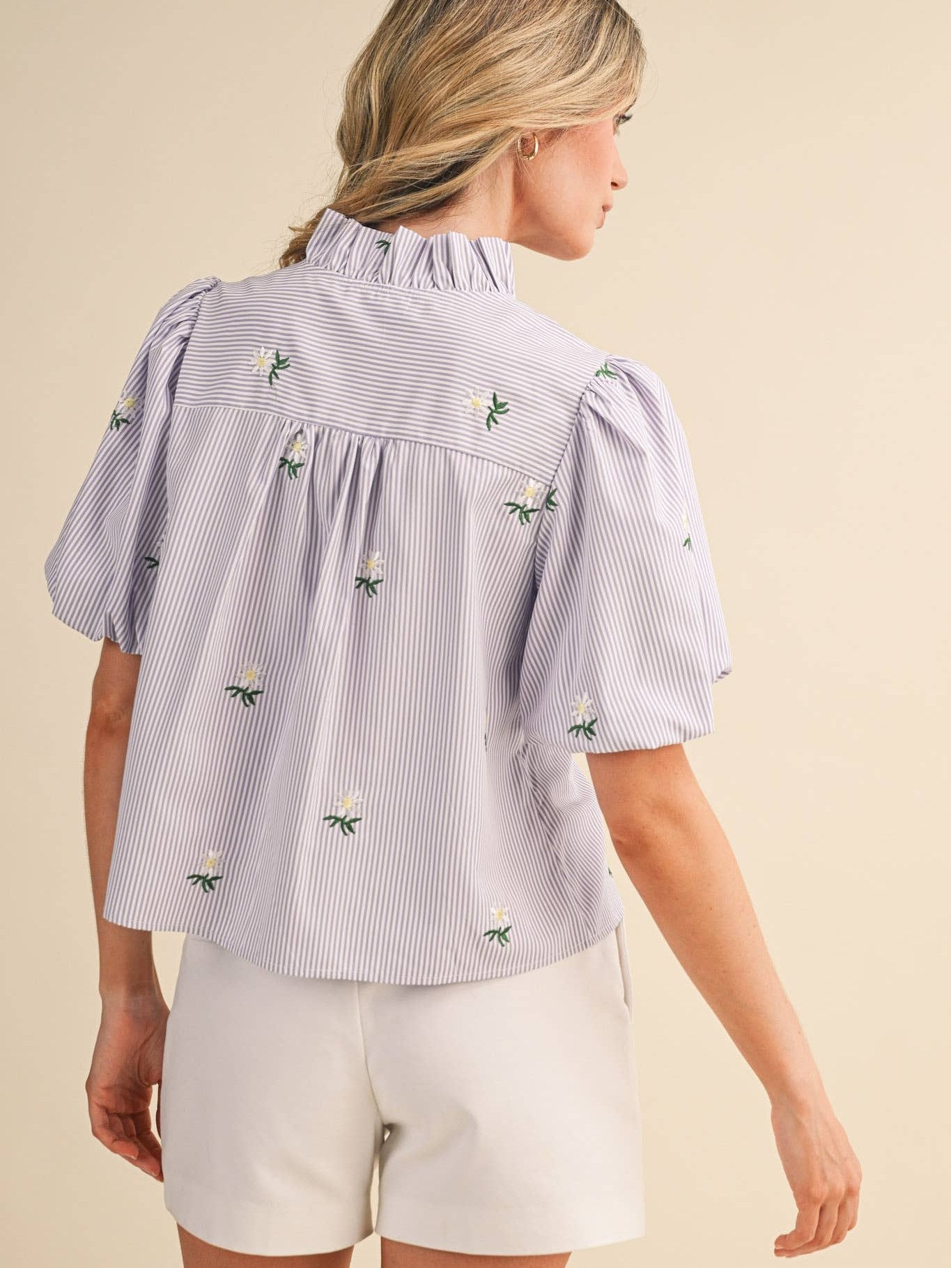 FLORAL EMBROIDERY STRIPED RUFFLED BUTTON DOWN TOP
