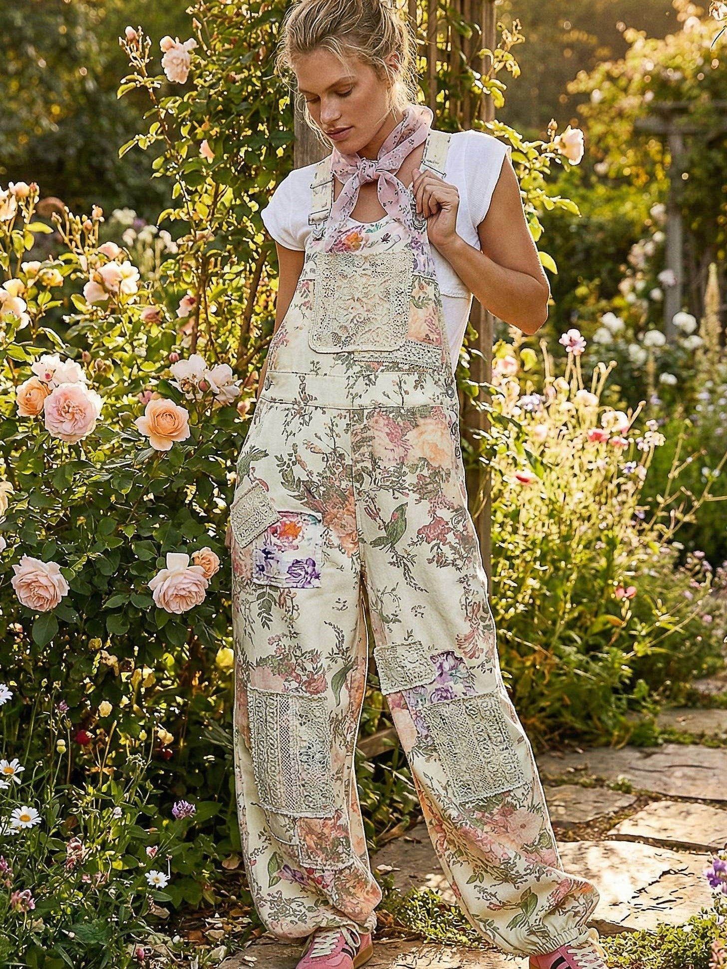 Printed Lace Patch Trim Strap Relaxed Fit Jogger Overall