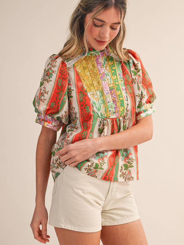 BORDER PRINT PIN TUCK BIB TOP