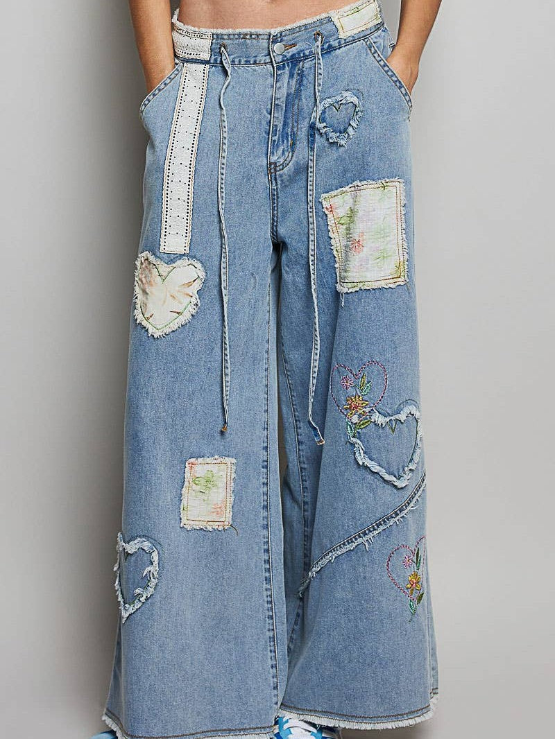Waist Elastic Band Heart Floral Print Patch Wide Denim Pants