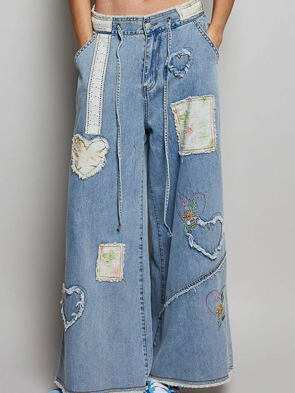 Waist Elastic Band Heart Floral Print Patch Wide Denim Pants
