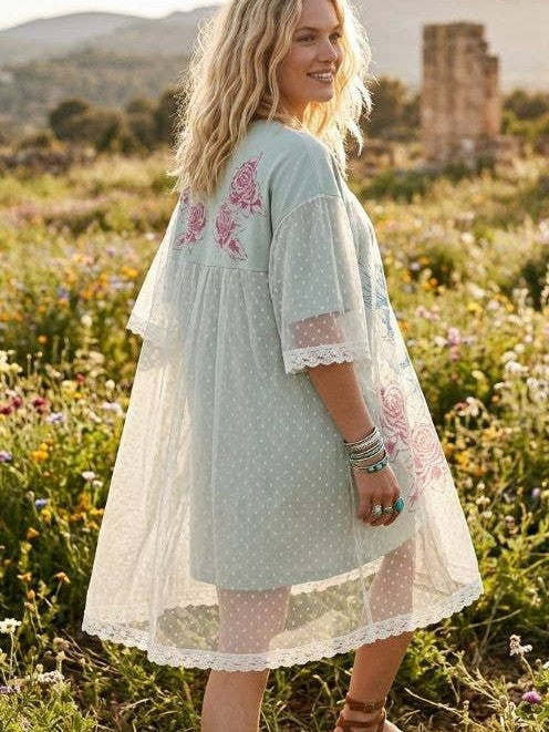ANGEL PRINTED TERRY DOTTED MESH LAYERED DRESS