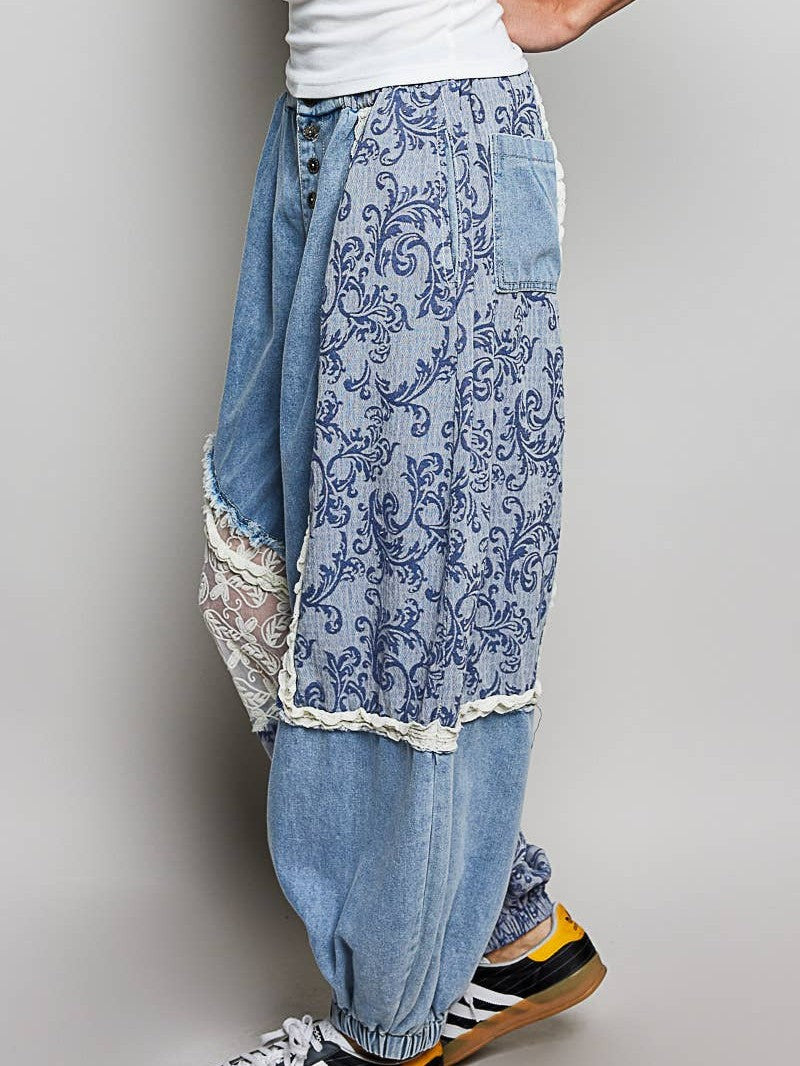 Button-Front Crochet Accent Ruffle Trim Jogger Pants