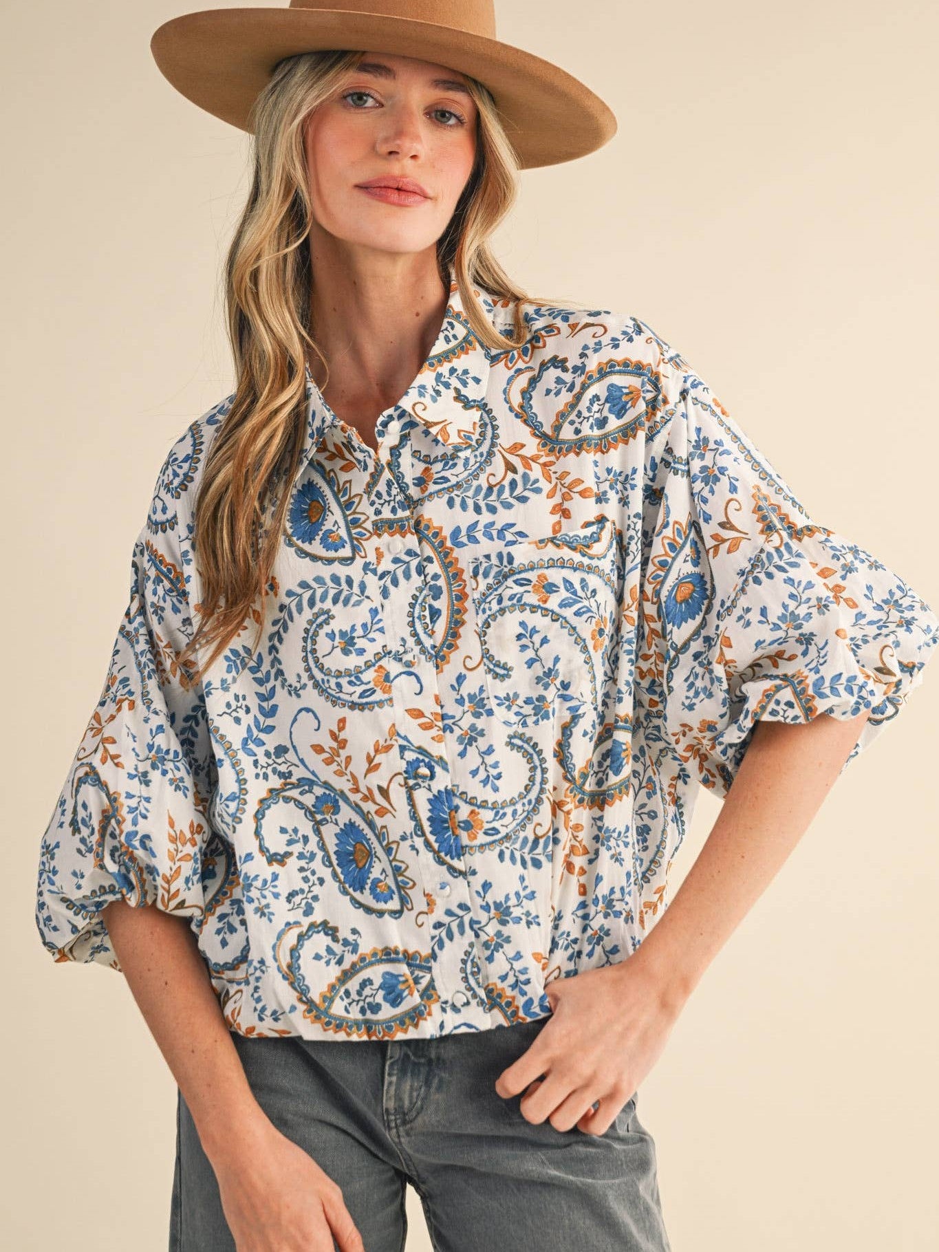 EXCLUSIVE PAISLEY PRINT BUTTON DOWN BUBBLE TOP