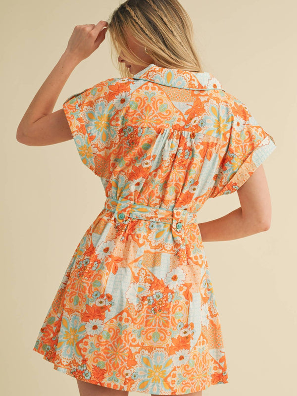 PRINT BUTTON DOWN SHORT SLEEVE MINI DRESS