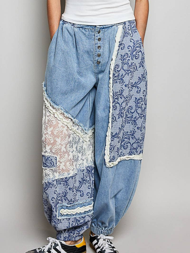 Button-Front Crochet Accent Ruffle Trim Jogger Pants