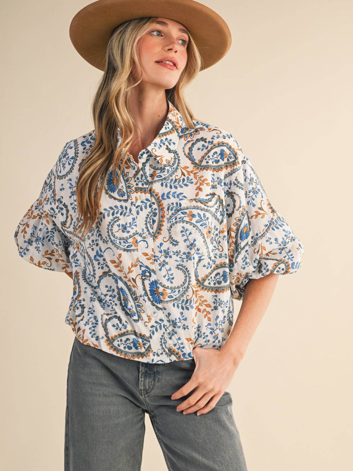 EXCLUSIVE PAISLEY PRINT BUTTON DOWN BUBBLE TOP