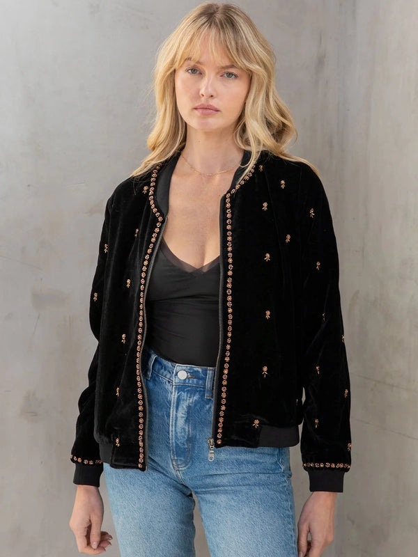 Obsidiana Black Velvet Embroidered Bomber Jacket